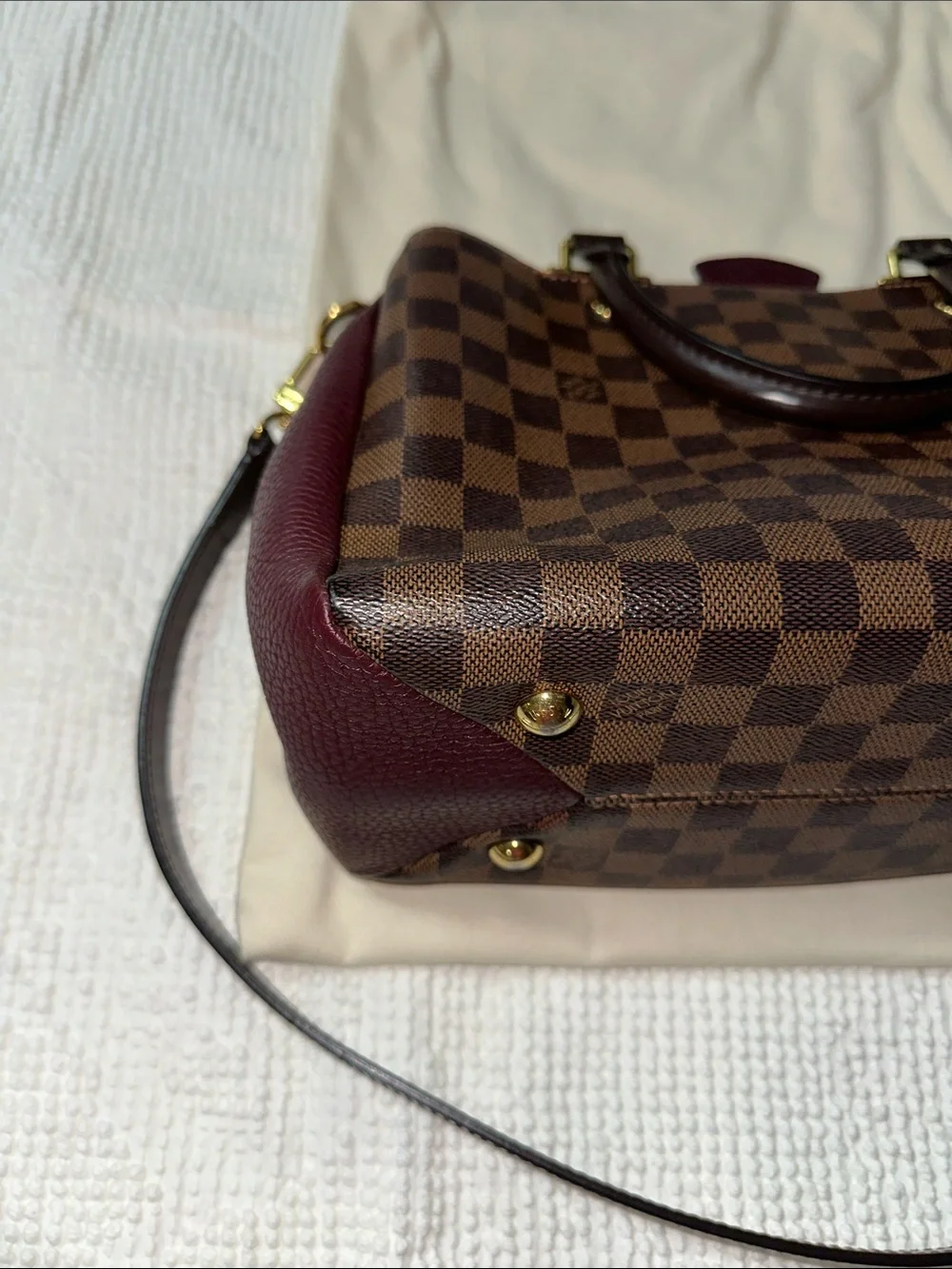 Louis Vuitton Damier Ebene Satchel with Dark Brown and Burgundy Trim